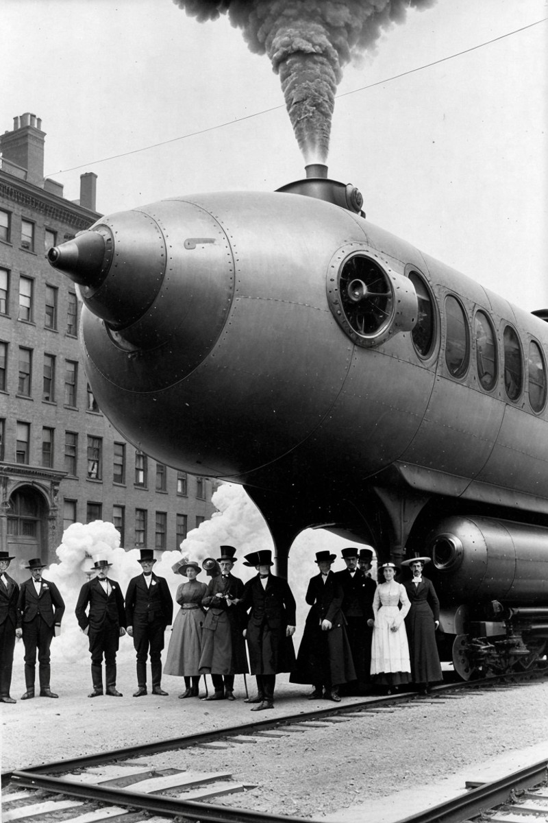 barnum futuristic victorian new york. robotix servants, flying steam streetcar, charging posts, bullet train,  flying zepp...